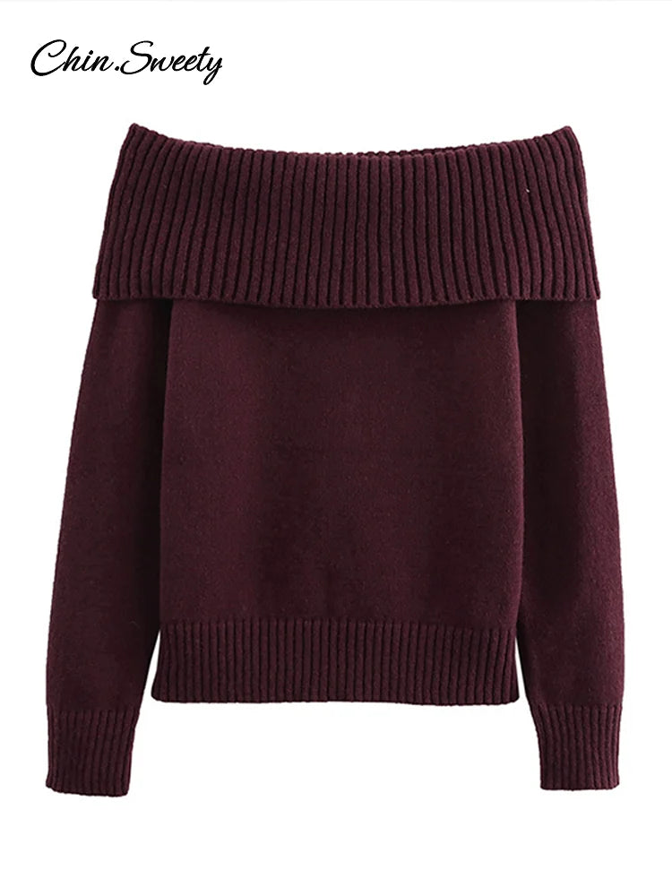 Suéter elegante burdeos con hombros descubiertos para mujer, jersey de punto de manga larga ajustado, prenda informal de punto de calle de primavera 2025