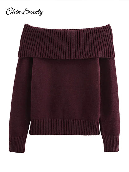 Suéter elegante burdeos con hombros descubiertos para mujer, jersey de punto de manga larga ajustado, prenda informal de punto de calle de primavera 2025