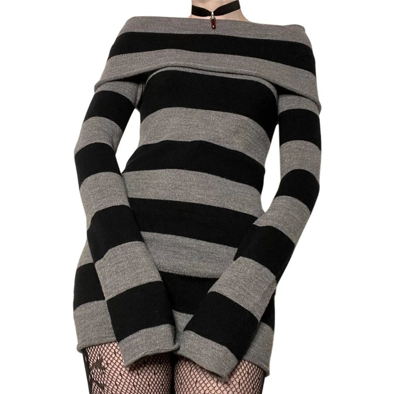 Vestidos góticos punk gótico brujería oscuro academia mujeres vestido de punto con hombros descubiertos y2k hadas grunge vestidos ropa de Halloween