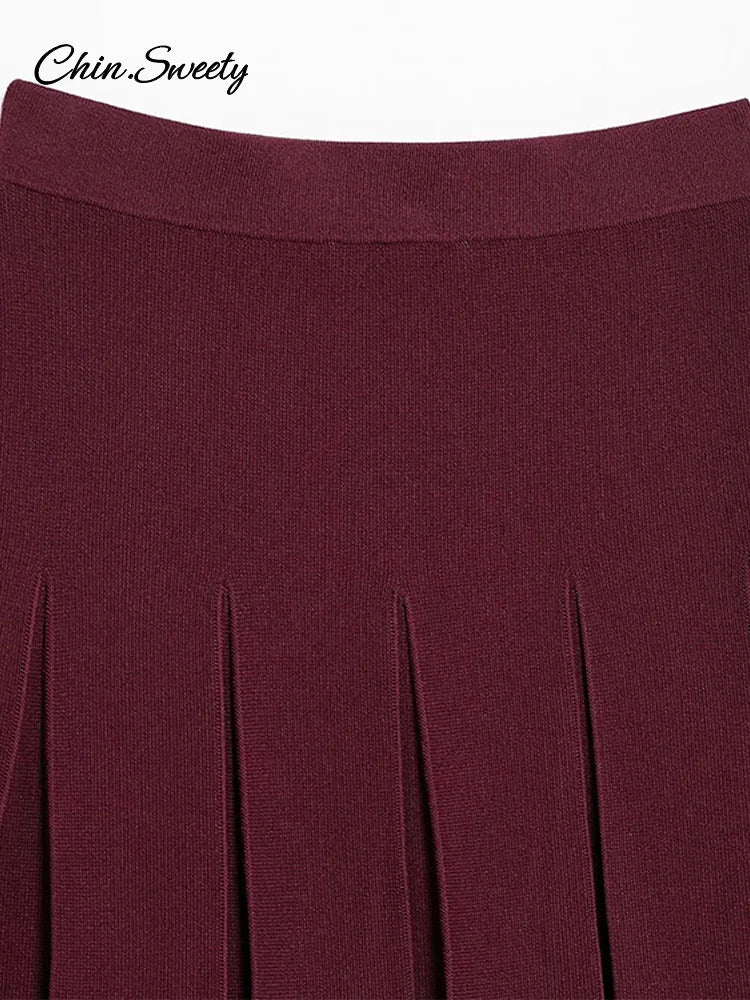 _ Women Skirts 2 Piece Set Burgundy Knitted Lapel Long Sleeve Button Cardigans Pleat High Waist A-line Skirt 2025 Lady Outfits