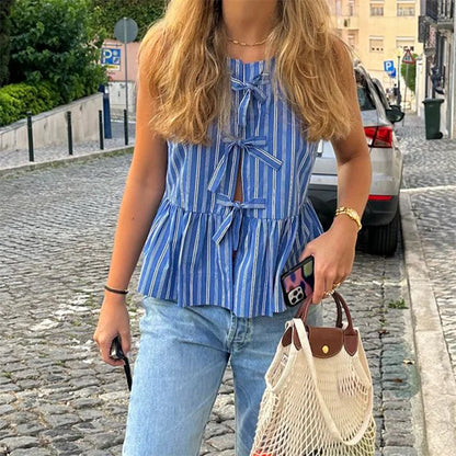 y2k Tank Top Women Elegant Clothes Striped Sleeveless Tie Up Cardigan Vest T Shirt 2000s Aesthetic Clothing Streetwear