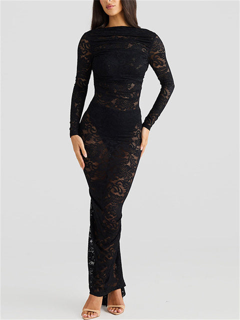 White Lace Backless Long Dress For Women See-Through High Waist Printed Slim Solid Hollow Out Dress Women’s Party Dress