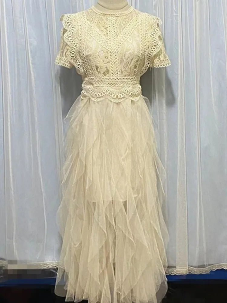Vestido coreano de encaje con cuello redondo y retazos calados, elegante vestido blanco de malla irregular para mujer, primavera-verano 2025, A7893