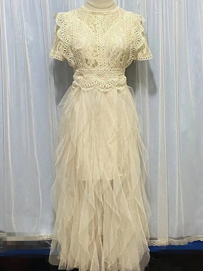 Vestido coreano de encaje con cuello redondo y retazos calados, elegante vestido blanco de malla irregular para mujer, primavera-verano 2025, A7893