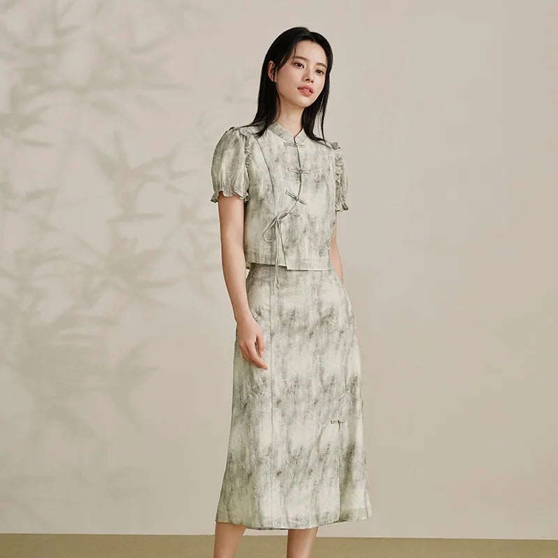 Traje de marca compartida para mujer, top corto ajustado, falda larga abierta, conjunto de ropa Guo Feng de verano de dos piezas