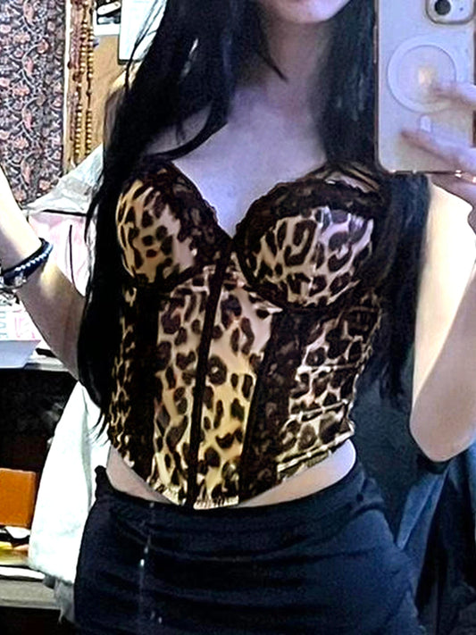 Camisola sin mangas con encaje de leopardo Y2k para mujer de Hotsweet, diseño ajustado, sexy, a la moda, Gyaru