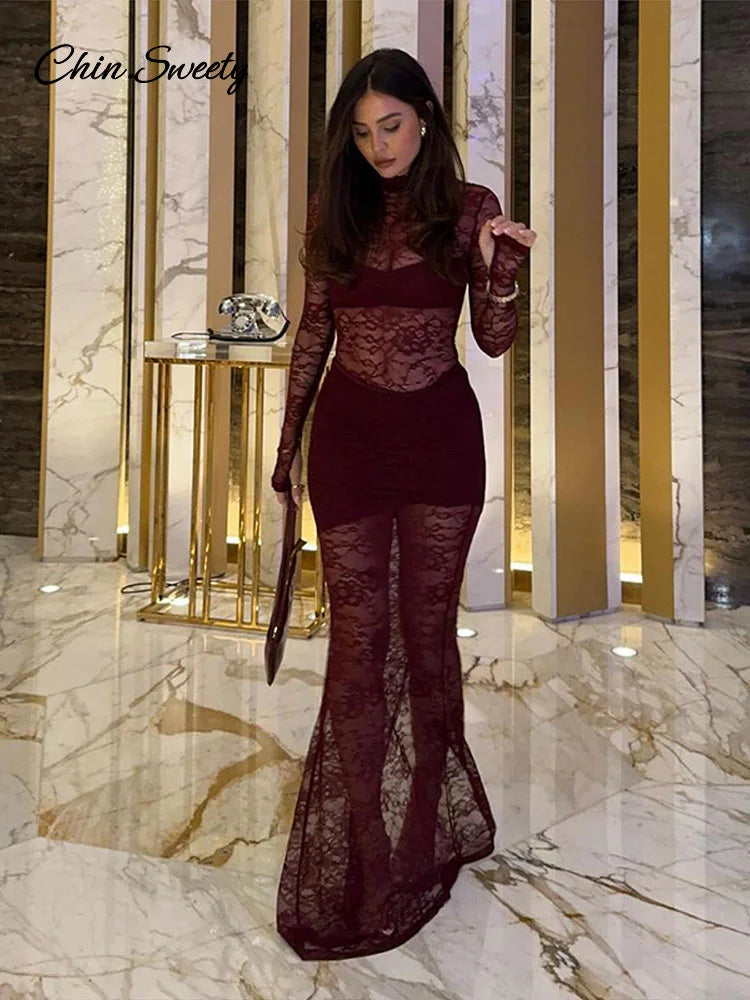 Vestidos largos sexis de encaje con retazos para mujer, vestido de fiesta ajustado con cuello alto y aberturas, vestido transparente ajustado para primavera 2025, nuevo