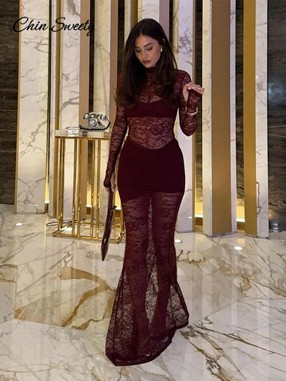 Vestidos largos sexis de encaje con retazos para mujer, vestido de fiesta ajustado con cuello alto y aberturas, vestido transparente ajustado para primavera 2025, nuevo