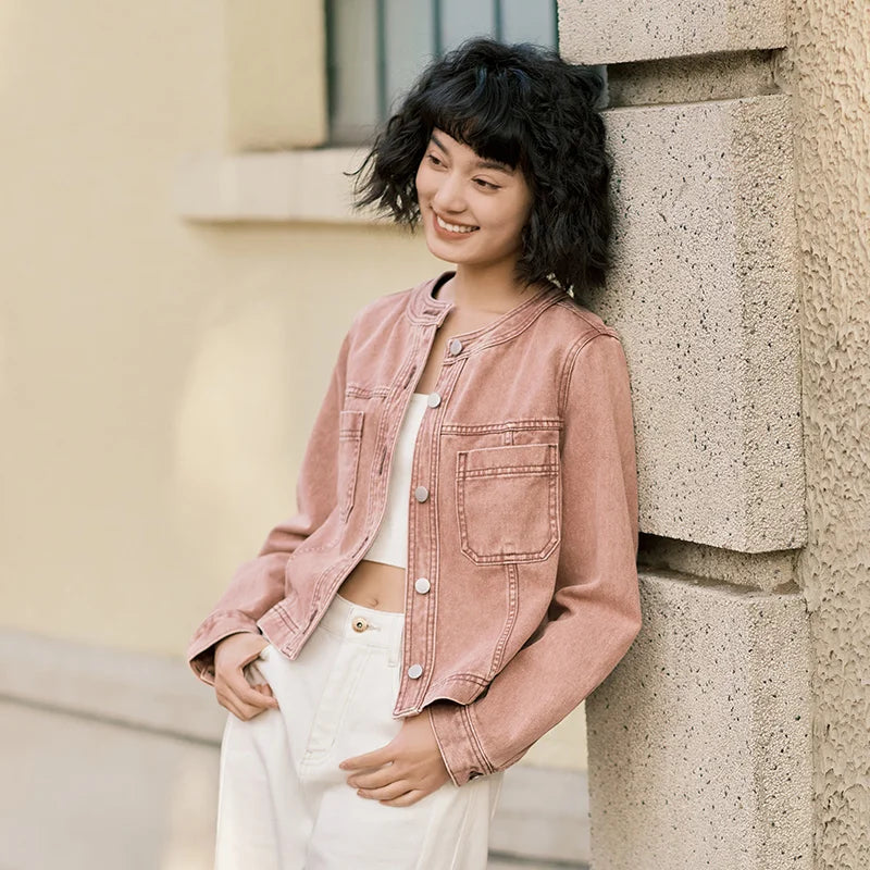 Denim Jacket Women Short Style Small And Taller Spring New Retro Round Neck Jacket Casual And Versatile Coats
