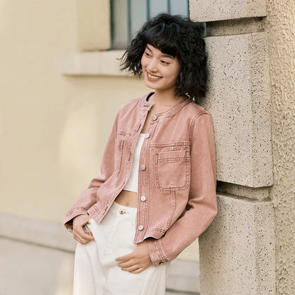 Denim Jacket Women Short Style Small And Taller Spring New Retro Round Neck Jacket Casual And Versatile Coats