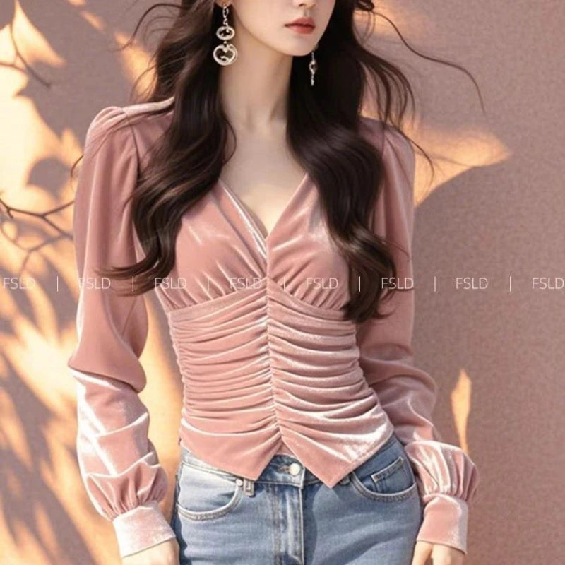 Camiseta de manga larga de terciopelo para mujer, cuello en V, informal, para jóvenes, elegante, de lujo, blusa básica, moda nueva