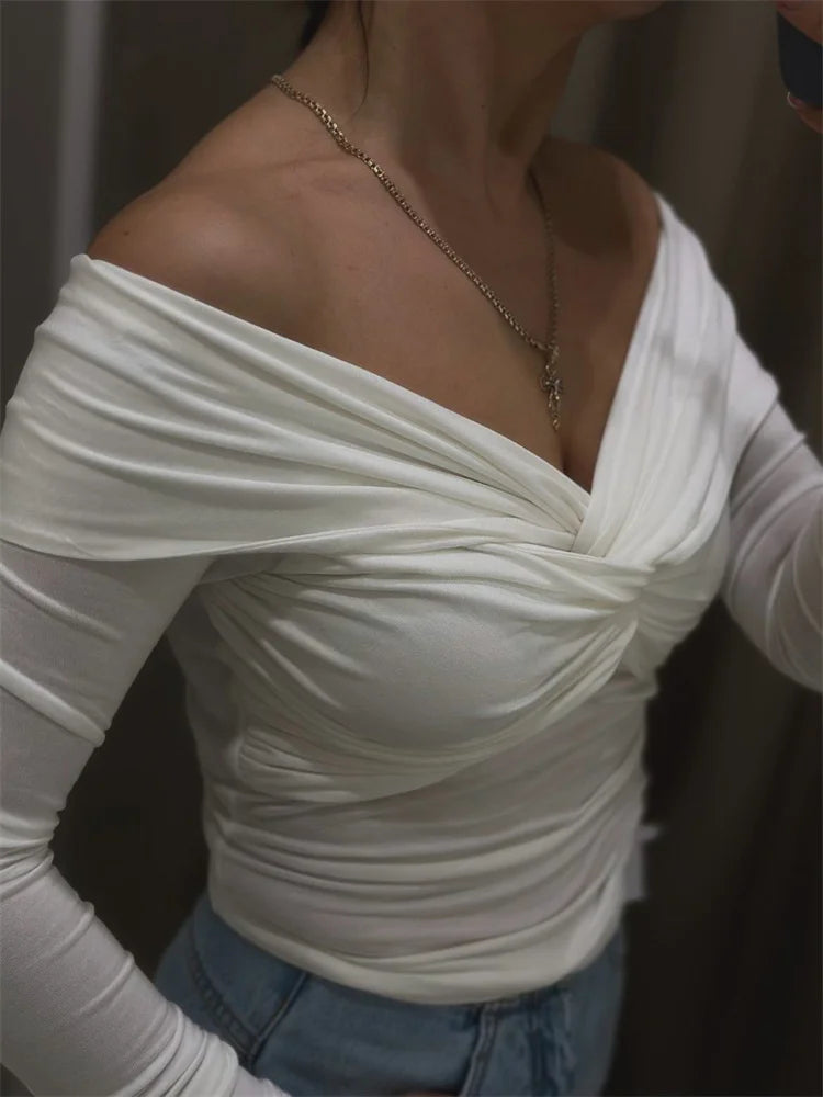 Camiseta sexy de verano con hombros descubiertos para mujer, plisada, de manga larga, con cuello en V interior, blanca, ajustada, con giro, corta, para mujer