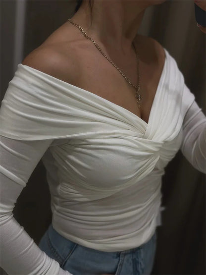 Camiseta sexy de verano con hombros descubiertos para mujer, plisada, de manga larga, con cuello en V interior, blanca, ajustada, con giro, corta, para mujer