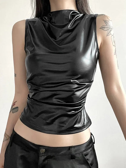 Top corto negro con pliegues para mujer, ropa de calle de moda, estilo jersey, ajustado, sin mangas, con cuello redondo, estilo femenino