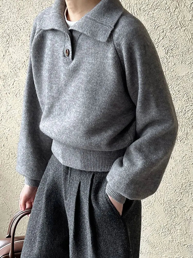 Suéteres casuales de punto liso con solapa para mujer, suéter vintage holgado de manga larga con botones, tops elegantes y chic para otoño
