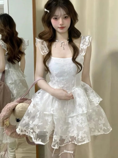 Elegante vestido de fiesta de princesa blanco sin mangas de verano nuevo Y2K con volantes, vestidos cortos de corte A para mujer, vestido coreano de una pieza
