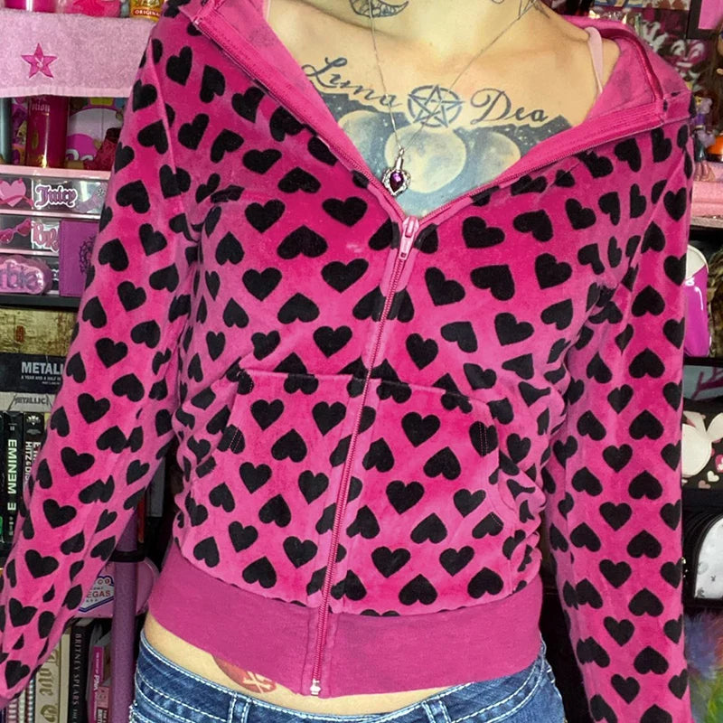 Chaqueta de terciopelo con estampado de corazón Y2K con capucha, estilo dulce rosa, abrigo de otoño con cremallera y bolsillo, ropa de abrigo ajustada retro bonita para invierno