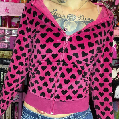 Chaqueta de terciopelo con estampado de corazón Y2K con capucha, estilo dulce rosa, abrigo de otoño con cremallera y bolsillo, ropa de abrigo ajustada retro bonita para invierno