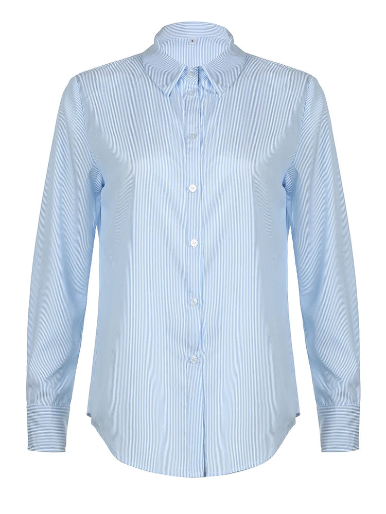 Blue Minimalism Boyfriend Stripe Shirts Women Single Breasted Turn Down Collar Long Sleeve Casual Loose Leisure Simple Clothes