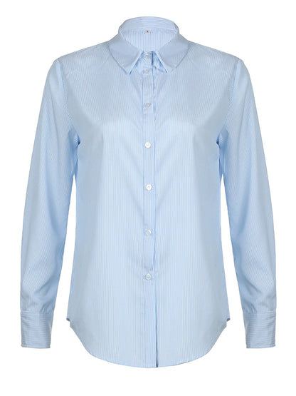 Blue Minimalism Boyfriend Stripe Shirts Women Single Breasted Turn Down Collar Long Sleeve Casual Loose Leisure Simple Clothes