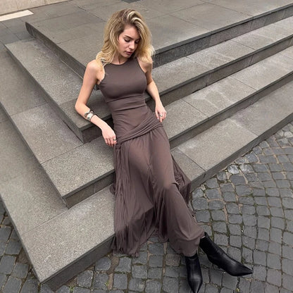 Vestido ajustado con volantes y cinta de moda para mujer, sin mangas, estilo urbano, largo, liso, para otoño, para fiesta en club