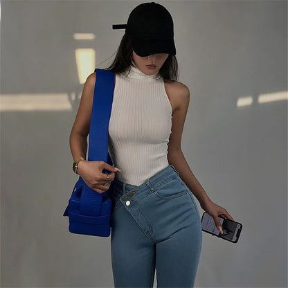 Chaleco de verano de cuello alto para mujer, sin mangas, de color sólido, de punto acanalado, ajustado, camisetas sin mangas Y2K, ropa básica para discoteca para mujer