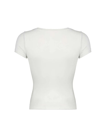 Black Solid Slim Elegant Basic Short Sleeve Tees Lace Trim Cute Y2K V Neck White T Shirts Women Summer Streetwear Tops