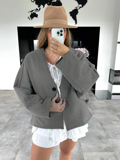 Chaqueta corta lisa de otoño para mujer, con bolsillos, cuello en V, manga larga y retazos, estilo urbano