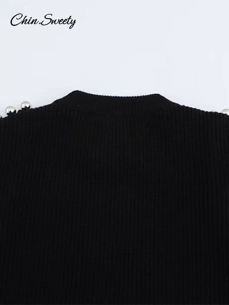 Fashion Women’s Beading Sweater Pullover Elegant Knitted Black Long Sleeve O-neck Jumper 2025 New Spring Lady Casual Outwears