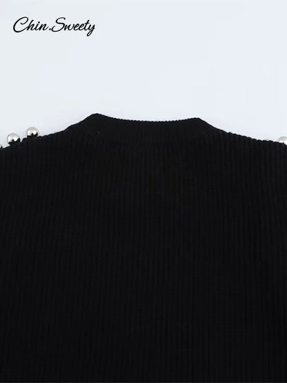 Fashion Women’s Beading Sweater Pullover Elegant Knitted Black Long Sleeve O-neck Jumper 2025 New Spring Lady Casual Outwears