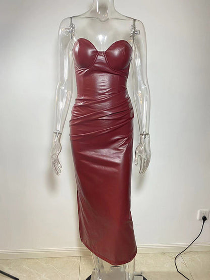 Wine Red Strapless Sexy PU Leather Maxi Dress Women Fashion Off-shoulder Backless Lace-up Bodycon Club Party Long Dress