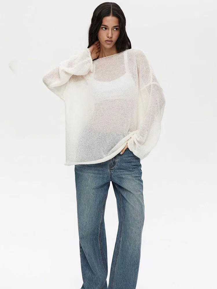 Knitted Hollow Sweater Pullover Women’s Loose Long-Sleeved Fashion Solid Color Round Neck See-Through Street Top Pullover