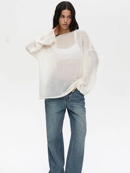 Knitted Hollow Sweater Pullover Women’s Loose Long-Sleeved Fashion Solid Color Round Neck See-Through Street Top Pullover