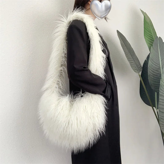 Harajuku Fashion Cute Sweet Heart Shaped Furry Shoulder Bag Women Ins Punk Y2k Hot Girls Oversized Faux Fur Hobos Crossbody Bags