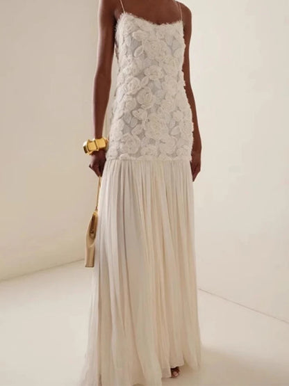Elegante vestido largo con tirantes florales en 3D para mujer, estilo retro blanco, sin espalda, plisado, para noche, para mujer, elegante vestido de fiesta callejera de primavera.
