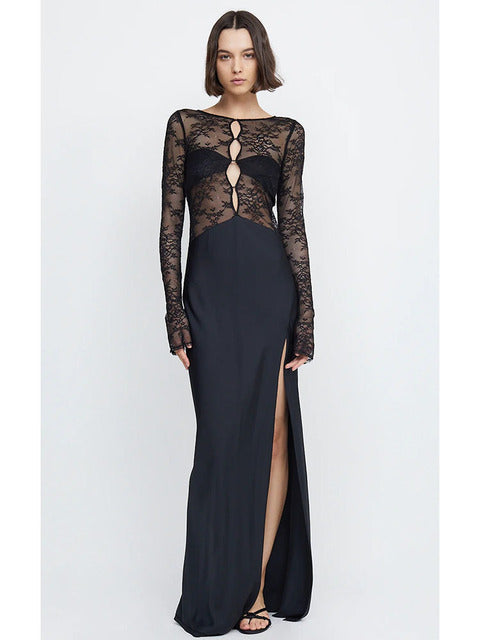 Sexy Lace Patchwork Hollow Out Women Dress Long Sleeve High Split Sheer Female Dress Elegant Party Club Evening Dress