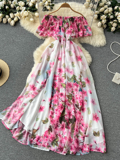 Vestido veraniego de gasa con hombros descubiertos y volantes para mujer, sexy, ajustado, corte en A, estampado, estilo vintage, largo, para playa