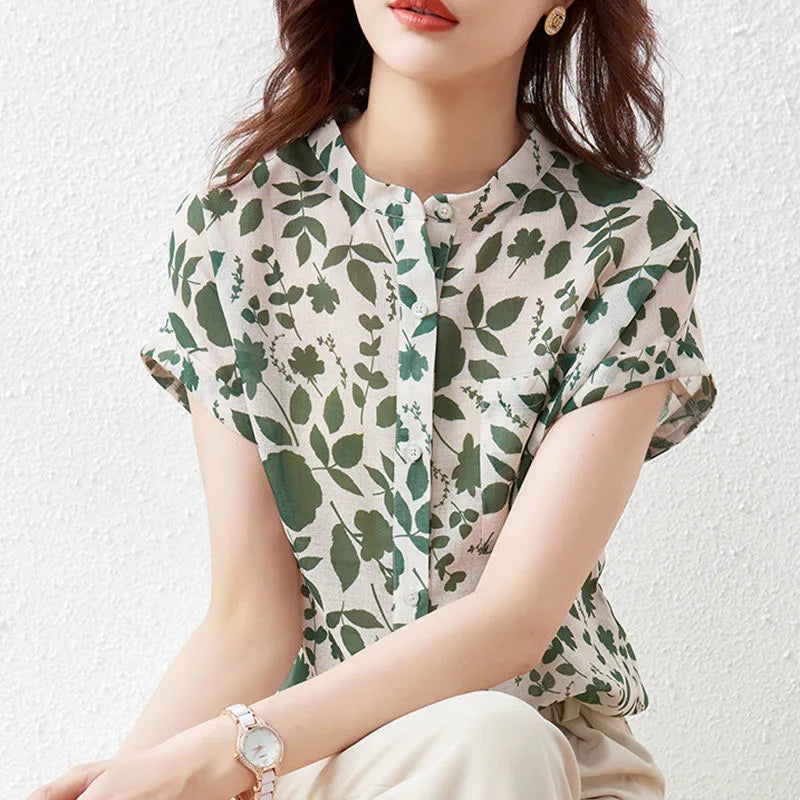 Blusas de verano para mujer, blusas informales de manga corta con cuello alto y estampado floral, SP1498