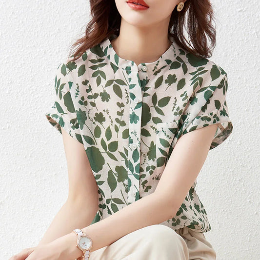 Blusas de verano para mujer, blusas informales de manga corta con cuello alto y estampado floral, SP1498