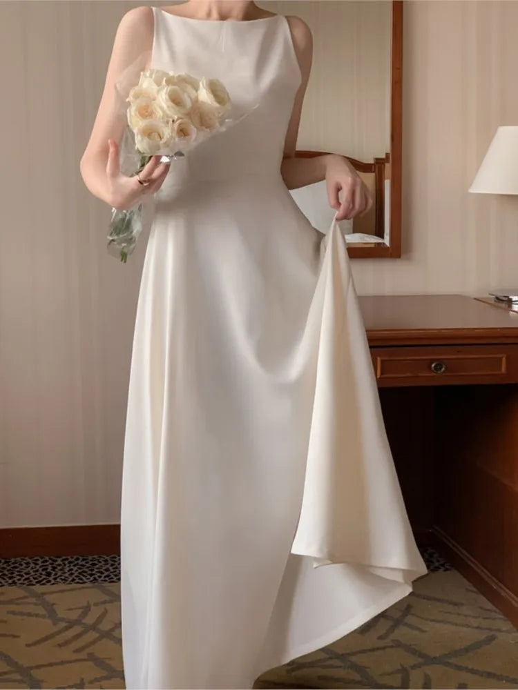 Elegante vestido largo liso para mujer, vestido de fiesta de noche para boda, sin mangas, informal, de verano, estilo coreano, de una pieza