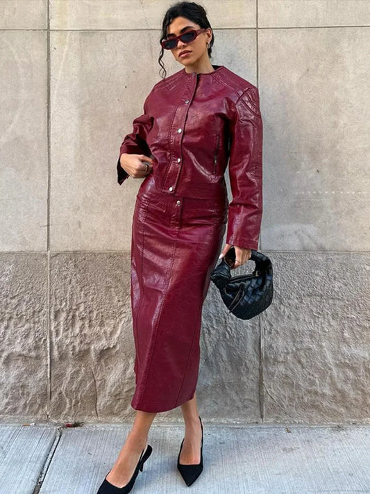 PU Leather Jackets Long Skirts Women’s Set Vintage Solid O-Neck Jackets A-Lined Slim Fit Skirt Sets Female Chic Street Outfits