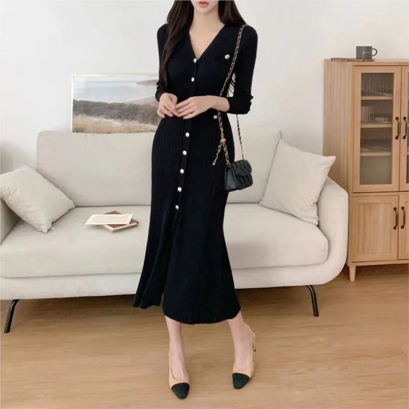 Vestidos de punto elegantes coreanos para mujer, cuello en V, manga larga, ajustados, ajustados, con volantes, vestido de fiesta informal, otoño e invierno, nuevos vestidos
