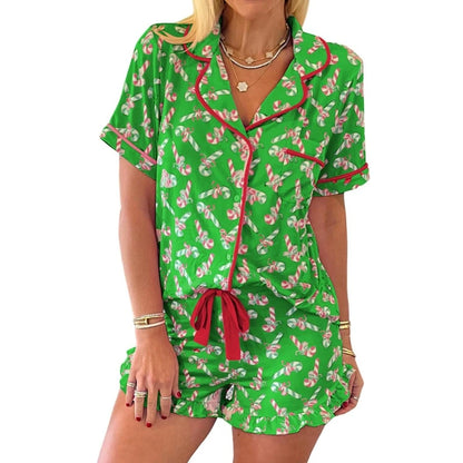 Pijama navideño bonito con estampado de bastón de caramelo y lazo, conjunto de pijama de manga corta con botones y pantalones cortos anudados de Navidad, conjunto de pijama de 2 piezas para mujer