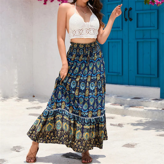 Bohemian Skirt Women Beach Clothes Geometrical Print Elastic High Waist A Line Flowy Swing Skirt Party Skirts Beachwear