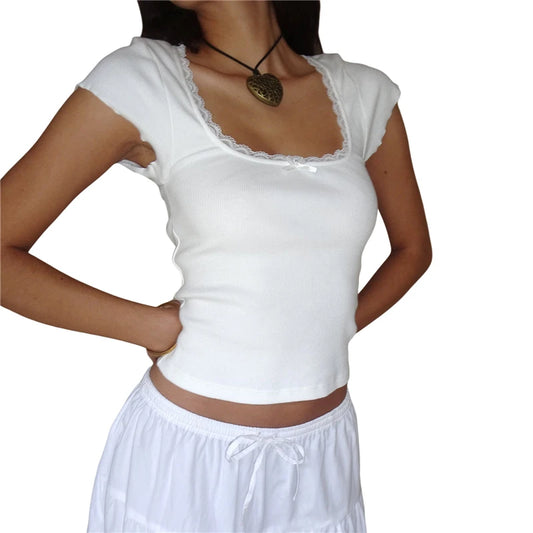 Camisetas para bebé Y2K, camiseta sin mangas informal para mujer con ribete de encaje, manga corta, cuello cuadrado y lazo, ropa urbana de los años 2000