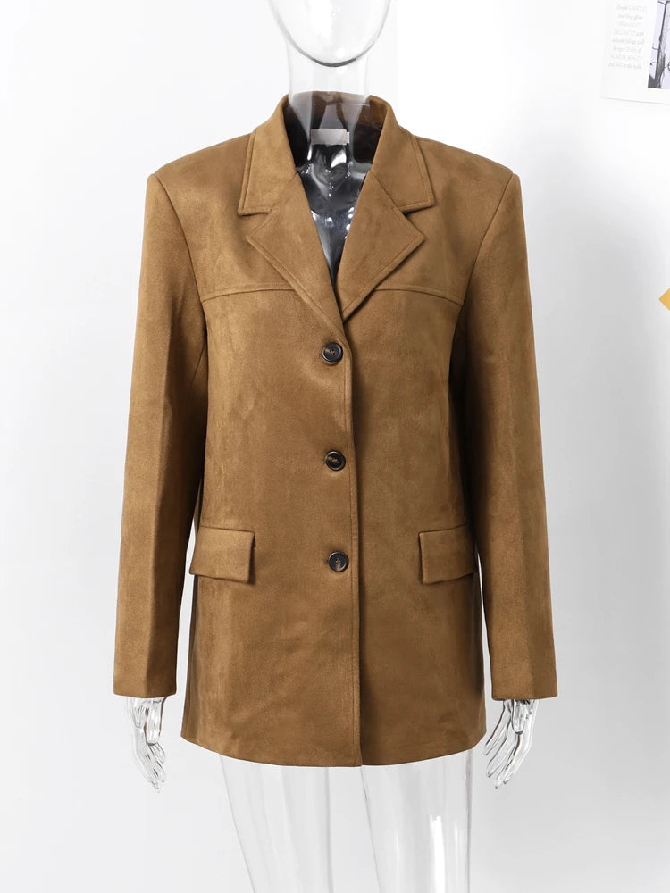 Women Suede Jackets Loose Lapel Single Breasted Long Sleeves Pockets Blazer Coats Female  Autumn Fashion New in Outwear
