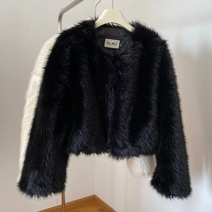 Abrigo de piel sintética corto, cálido y acogedor, de marca de moda, color negro, para mujer, elegante, de invierno, para chicas, de moda urbana, de lujo, chaqueta de piel corta.