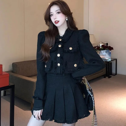 Elegante traje de tweed de dos piezas, conjunto de falda, otoño invierno, nuevo estilo francés, chaqueta corta, abrigo, minifalda, moda coreana, trajes femeninos