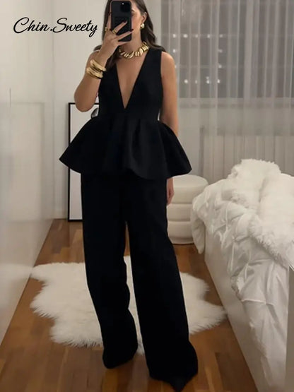Black Elegant Pant Suit Women V-neck Sleeveless Ruffles Tank Tops Loose Trouser Female 2 Pieces 2025 Fashion Lady Outfits New