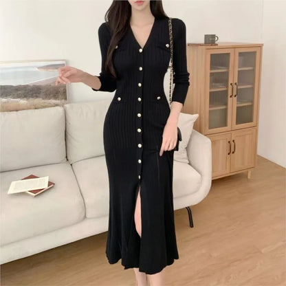 Vestidos de punto elegantes coreanos para mujer, cuello en V, manga larga, ajustados, ajustados, con volantes, vestido de fiesta informal, otoño e invierno, nuevos vestidos
